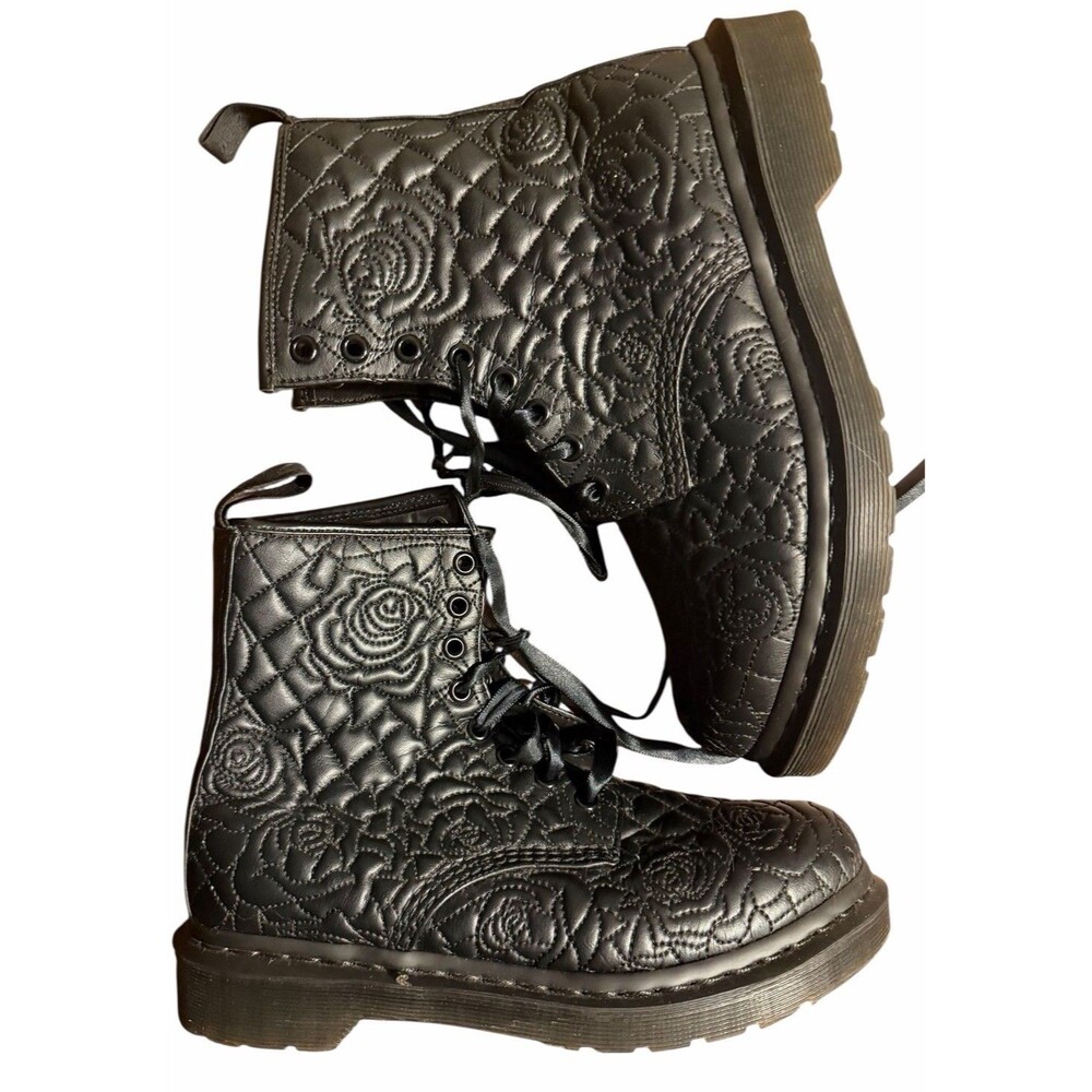 Dr. Martens Women’s Vonda Brause Black Leather Floral Flower Print Ankle Boots 8